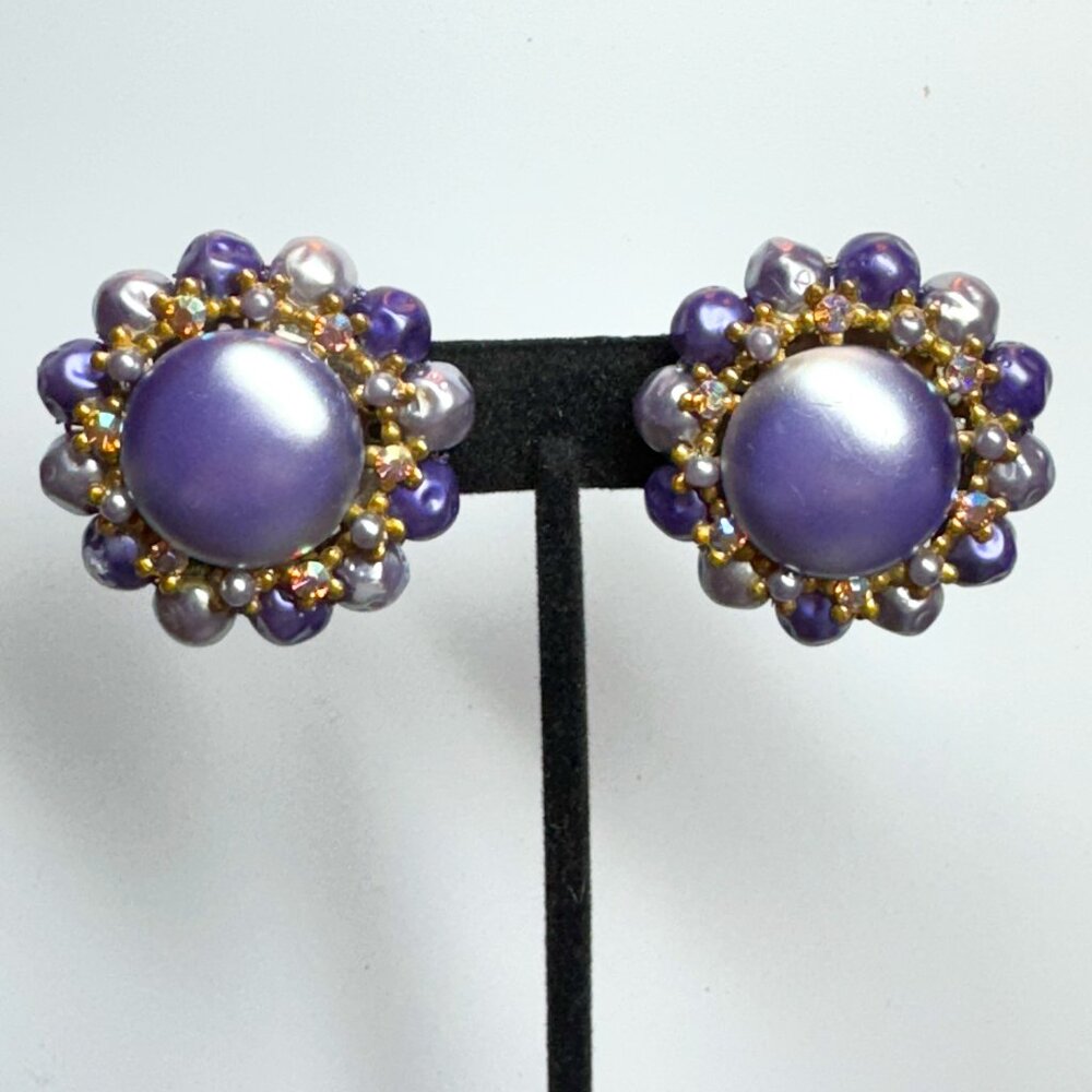Vintage Large Clip-ons Gold Tone Earrings Lavender Purple and AB Glass Stones